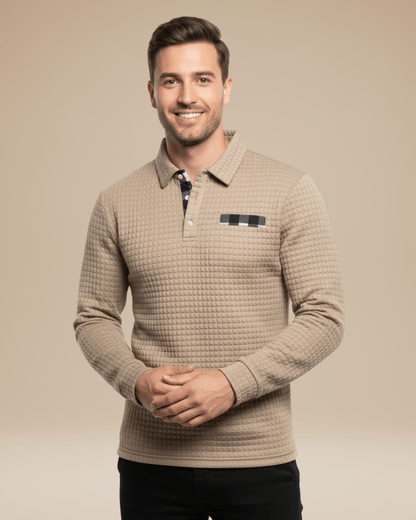 Polo de hombre de punto tipo panal con escote abotonado y mangas largas