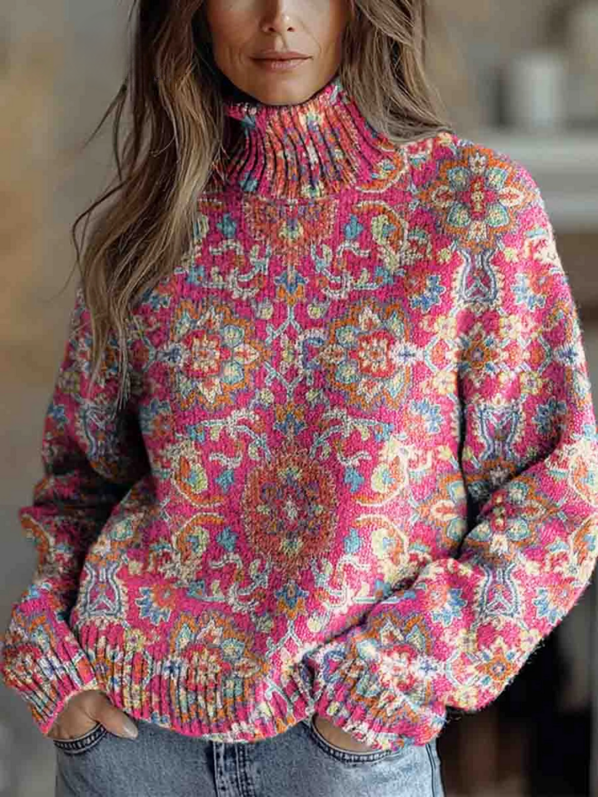 Maglione Donna Collo Alto con Motivo Floreale Etnico e Costine – Stile Quotidiano