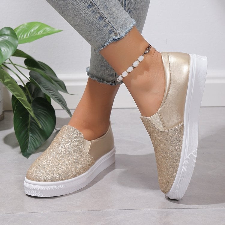Women's Moccasins with Sequins and Elastic Band – Flat Rubber Sole