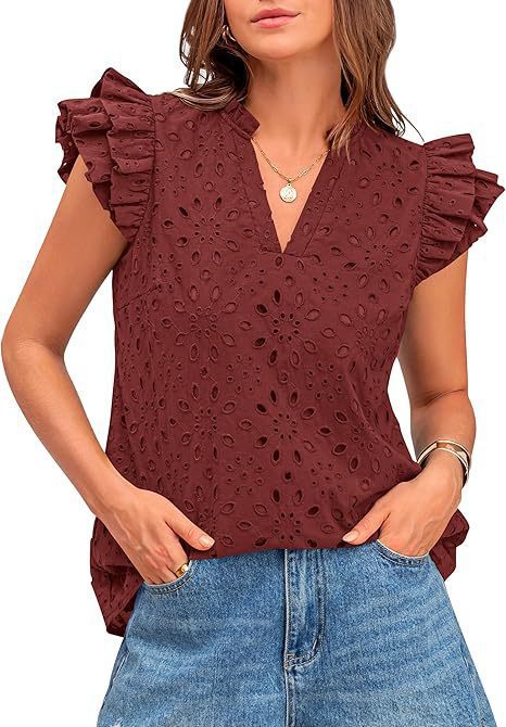 Damebluse med V-hals, Sangallo-broderi og flæseærmer – Elegant til hverdag