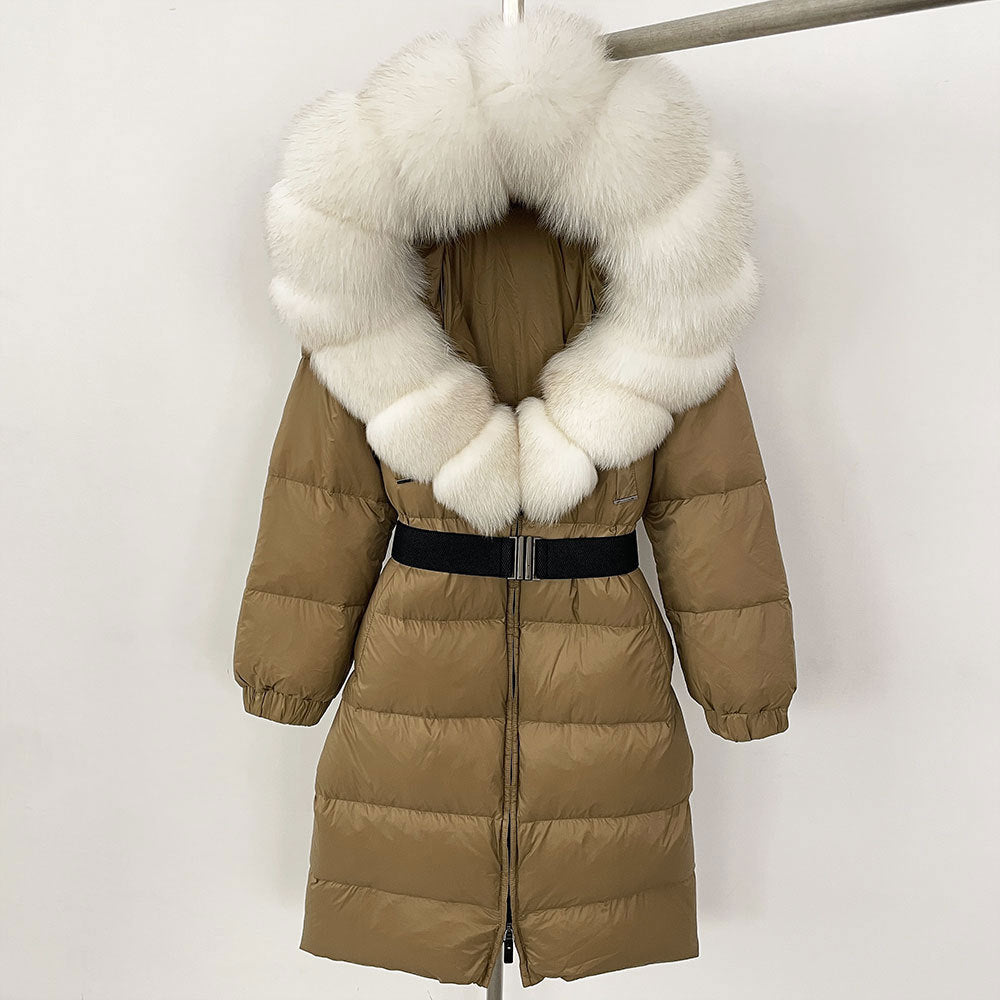 Women's Winter Coat with Long Hood and Removable Fur Collar