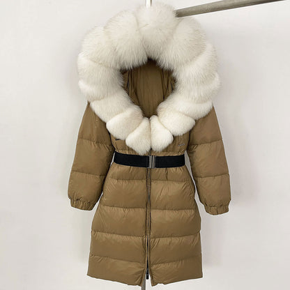 Women's Winter Coat with Long Hood and Removable Fur Collar