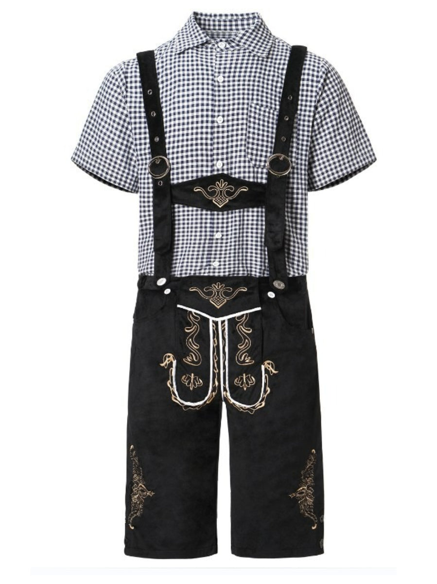 Abito tradizionale bavarese per bambini, composto da camicia a quadri blu e bianchi e pantaloni corti in pelle nera con bretelle e ricami decorativi.