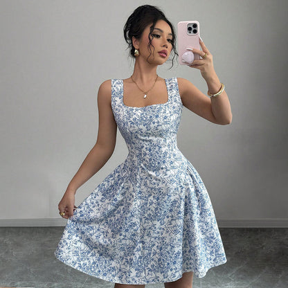 Women's Summer Mini Dress with Floral Print and High Waist – Casual A-Line Dress
