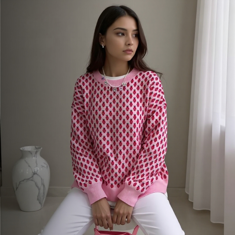 Maglione Donna Oversize con Stampa Fragole e Girocollo – Stile Casual