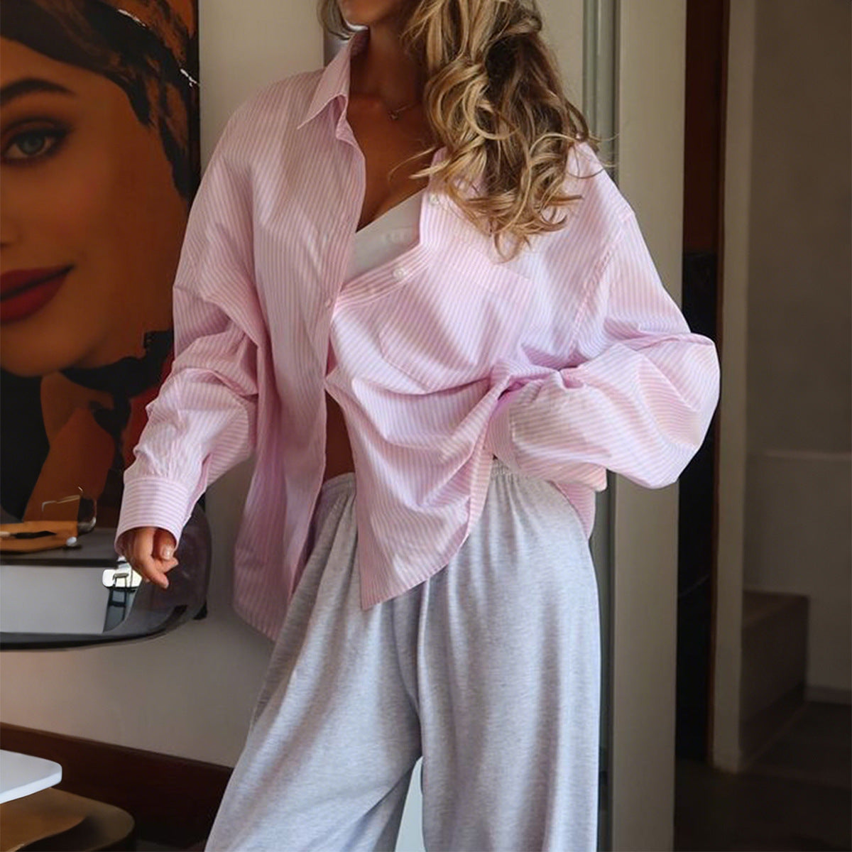 Camicia da Donna a Manica Lunga con Bottoni, Motivo a Righe e Vestibilità Ampia