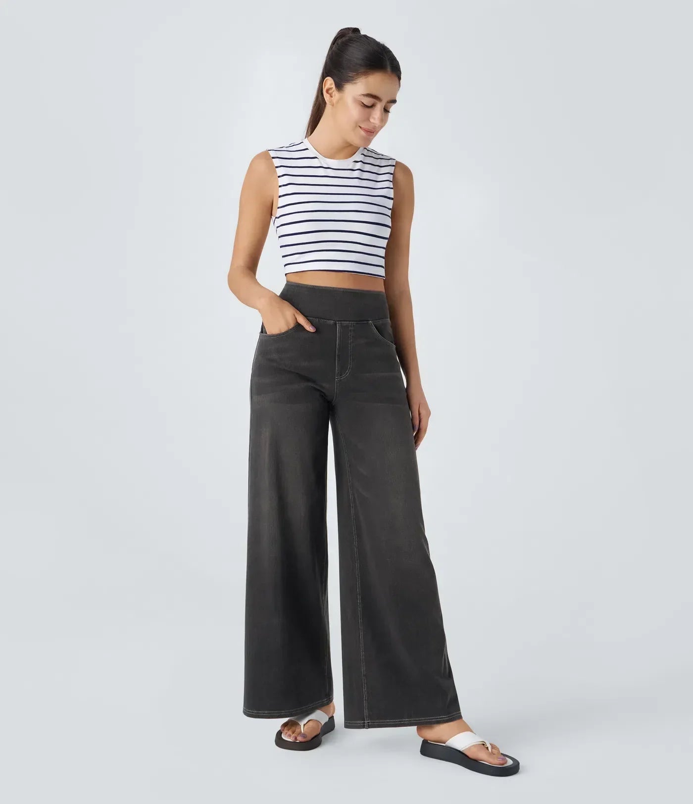 Jeans de mujer de talle alto elásticos con pierna recta – estilo casual cómodo