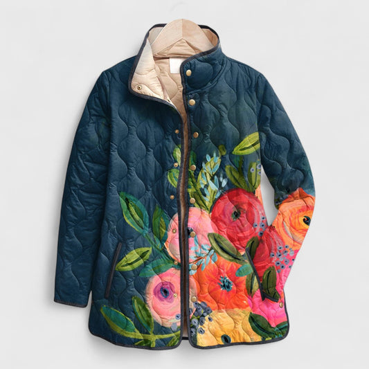 Women's Quilted Winter Jacket with Vintage Floral Pattern