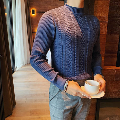 Jersey de otoño para hombre con cuello alto medio, ajuste slim, tejido grueso
