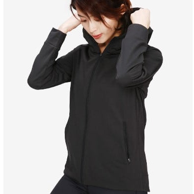 Women's Long Sleeve Winter Yoga Jacket with Hood, Plush Lining, and High Collar