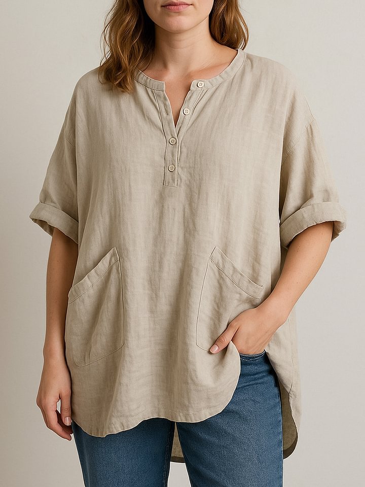 Women's Short Sleeve Shirt with V-Neck, Solid Color and Loose Fit