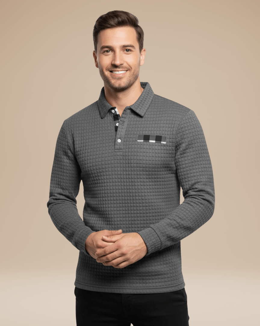 Polo de hombre de punto tipo panal con escote abotonado y mangas largas