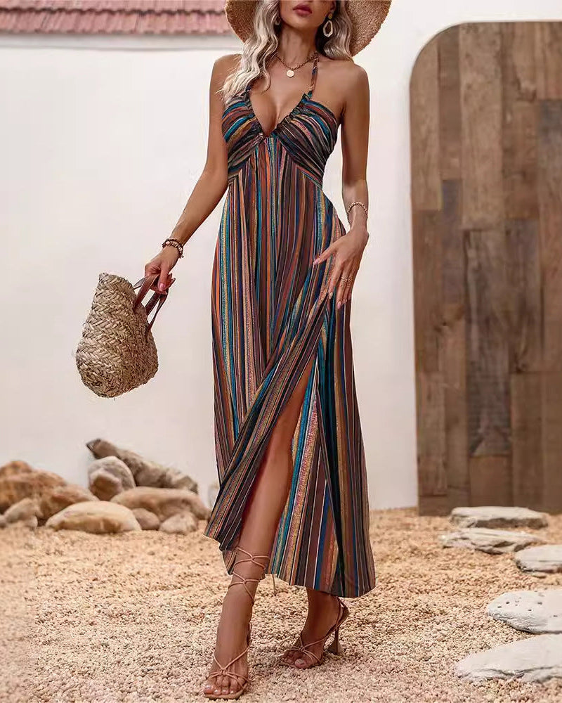 Abito Estivo Donna Senza Maniche con Spalline Sottili e Stampa Midi – Abito Casual Estivo