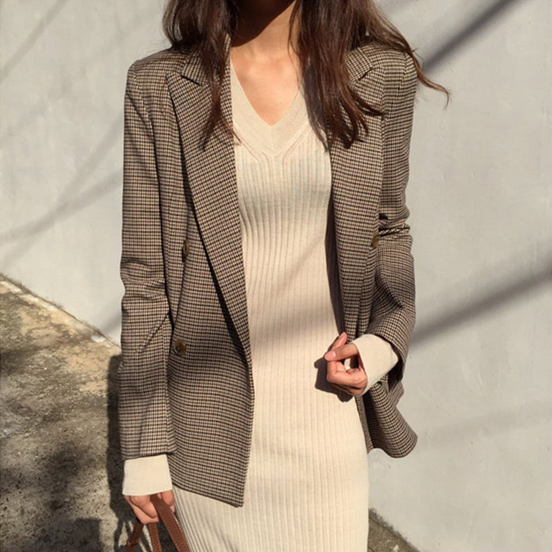 Women's Autumn Suit Jacket with Houndstooth Pattern, Long Sleeves, Single-Breasted Blazer