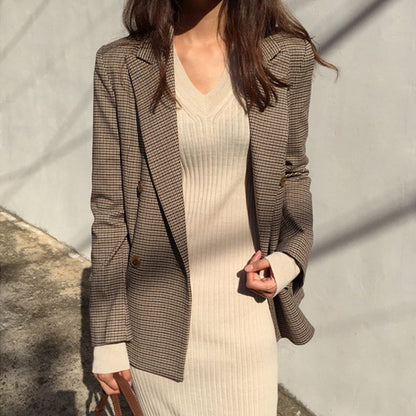 Women's Autumn Suit Jacket with Houndstooth Pattern, Long Sleeves, Single-Breasted Blazer
