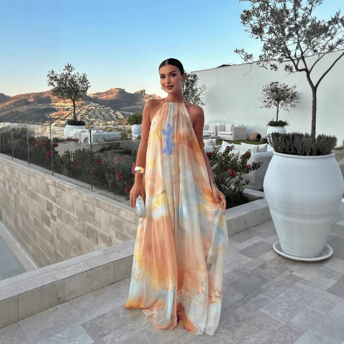 Women's Printed Summer Maxi Dress with Halter Neck and Open Back – Loose Summer Dress