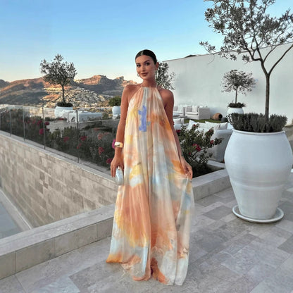 Women's Printed Summer Maxi Dress with Halter Neck and Open Back – Loose Summer Dress