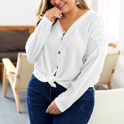 Dame Striktrøje med V-udskæring, Lange Ærmer og Knapdetalje