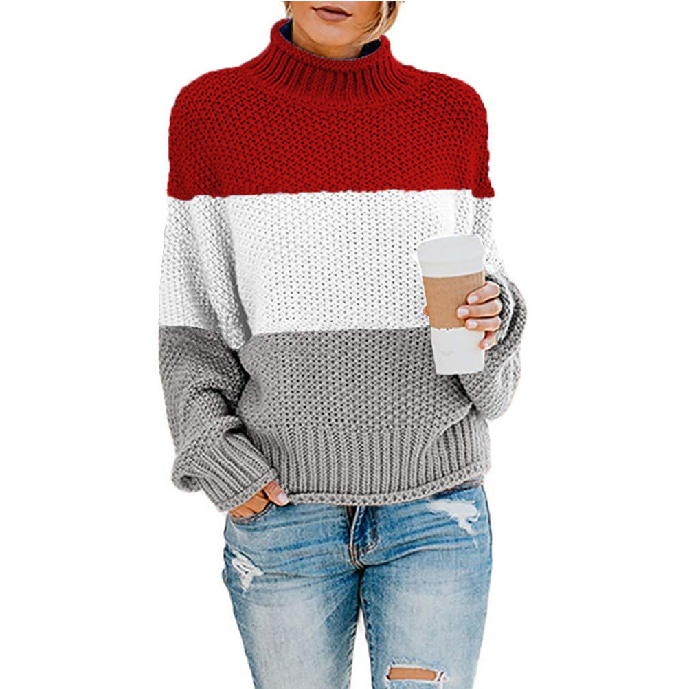 Maglione Pullover Donna a Collo Alto con Maniche Lunghe e Motivo a Blocchi di Colore