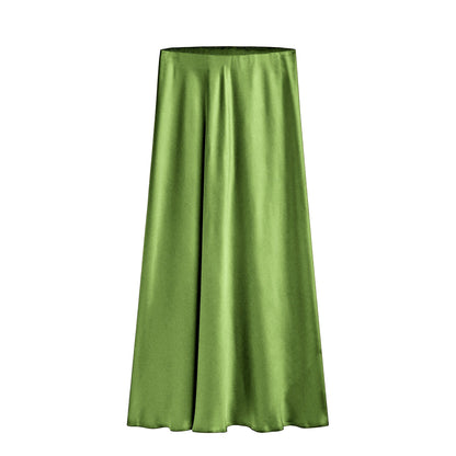 Women's Mid-Length High Waist Skirt with Slanted Slit and Elastic Waistband