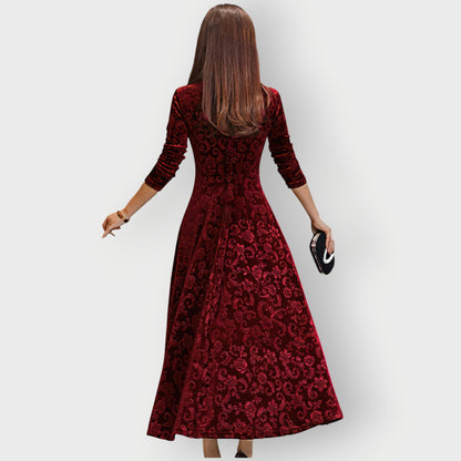 Women's Midi Jacquard Velvet Dress with V-Neck and Flared Skirt