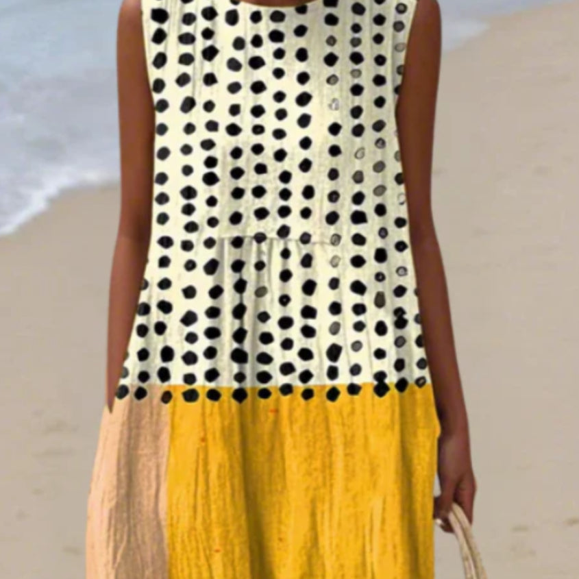 Women's Sleeveless Long Dress with Patchwork Print – Straight Fit