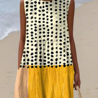 Women's Sleeveless Long Dress with Patchwork Print – Straight Fit