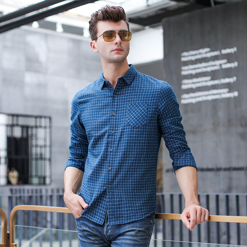 Camicia Uomo a Maniche Lunghe con Colletto a Revers e Motivo a Quadri – Vestibilità Dritta