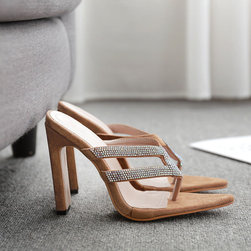 Sandalias de mujer con punta afilada, tacón cuadrado y strass – Sandalias elegantes