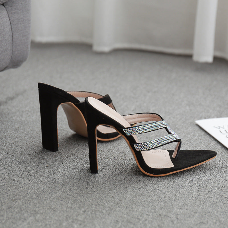 Sandalias de mujer con punta afilada, tacón cuadrado y strass – Sandalias elegantes