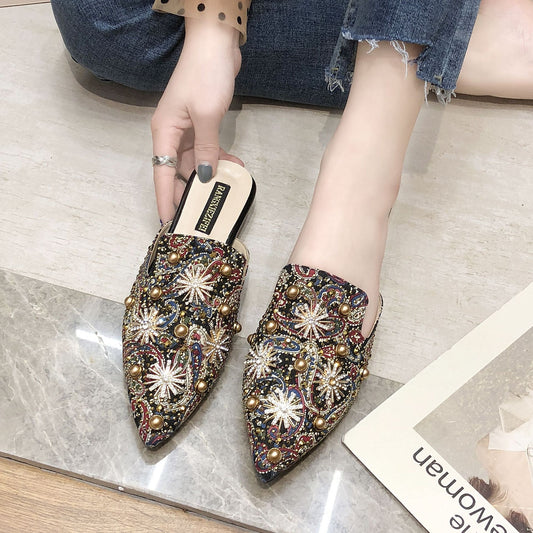 Low Roman Style Women's Slippers with Pointed Toe and Metal Detail – Non-Slip Sole