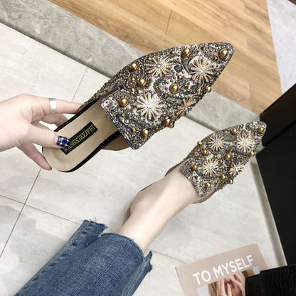 Pantuflas bajas para mujer estilo romano Baotou con punta a punta y detalle metálico – Suela antideslizante