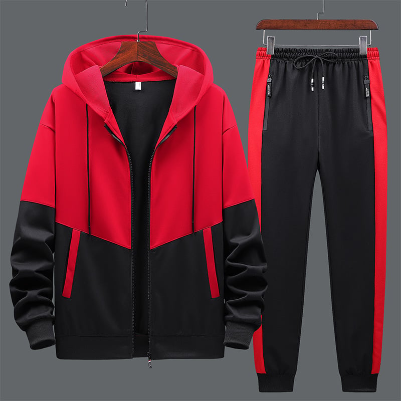 Tuta sportiva uomo, giacca e pantaloni rossi e neri, design moderno, abbigliamento casual, moda fitness, abbigliamento sportivo comodo.