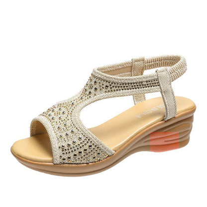Sandalias de mujer con cuña, punta abierta, banda elástica y strass – Sandalias casuales