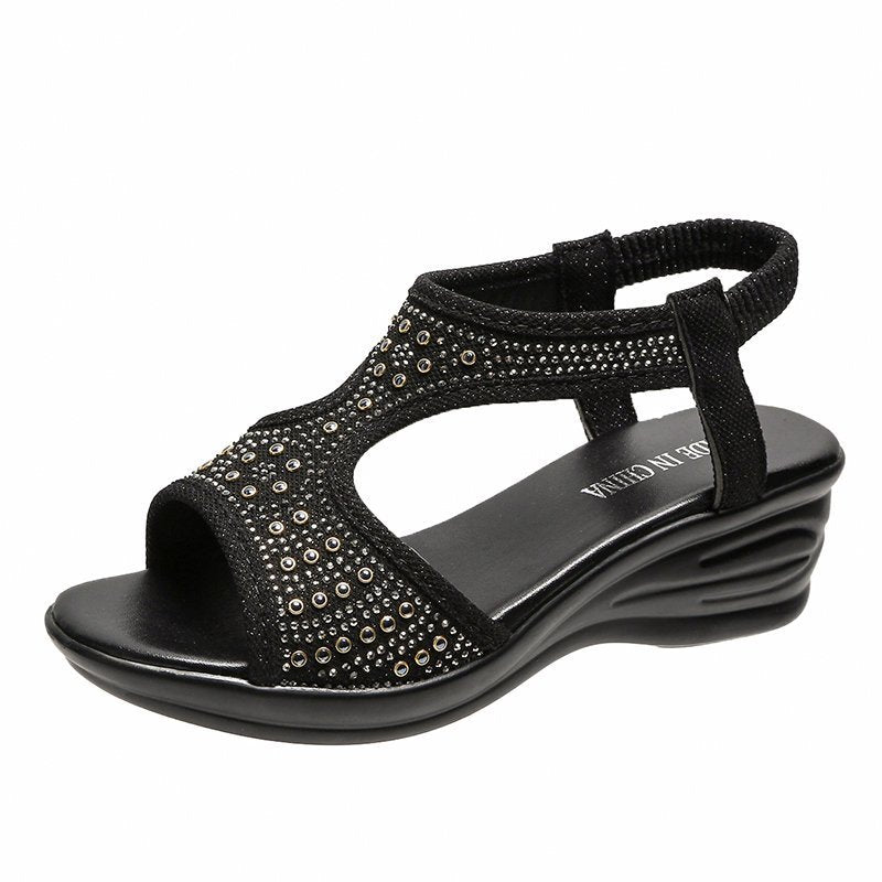 Sandalias de mujer con cuña, punta abierta, banda elástica y strass – Sandalias casuales