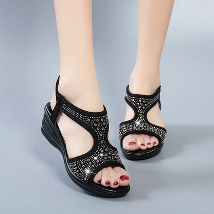 Sandalias de mujer con cuña, punta abierta, banda elástica y strass – Sandalias casuales