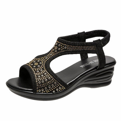 Sandalias de mujer con cuña, punta abierta, banda elástica y strass – Sandalias casuales