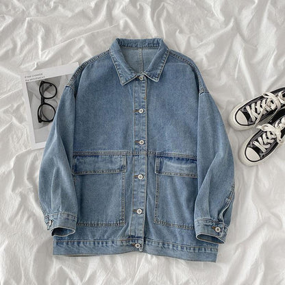 Women's Denim Jacket with Turn-Down Collar and Long Sleeves