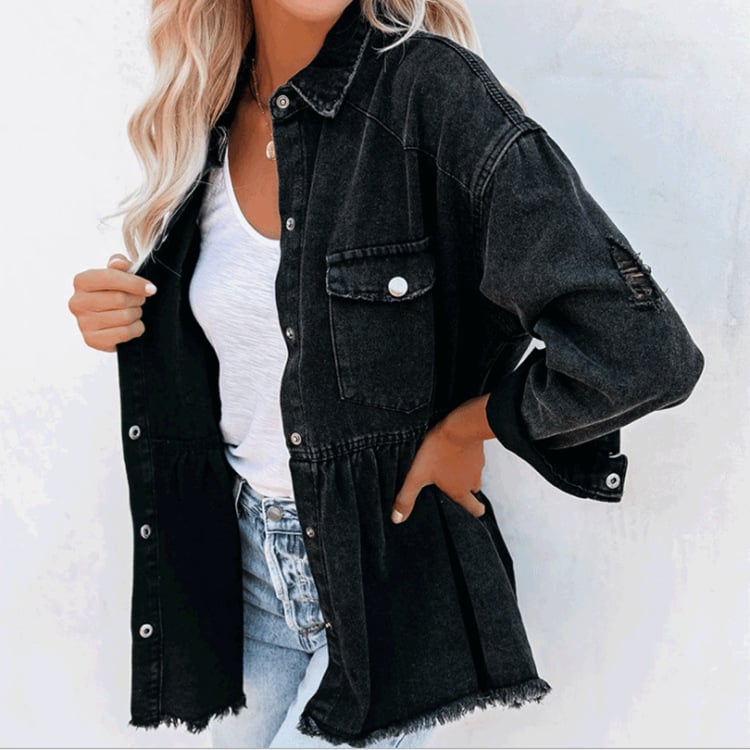 Women's Denim Jacket with Notched Collar and Raw Hem