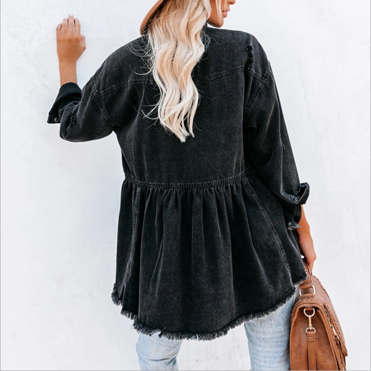 Women's Denim Jacket with Notched Collar and Raw Hem