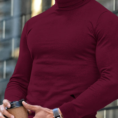 Uomo in maglione bordeaux con caffè da asporto, sfondo urbano sfocato. Moda invernale, stile casual, accessori eleganti.