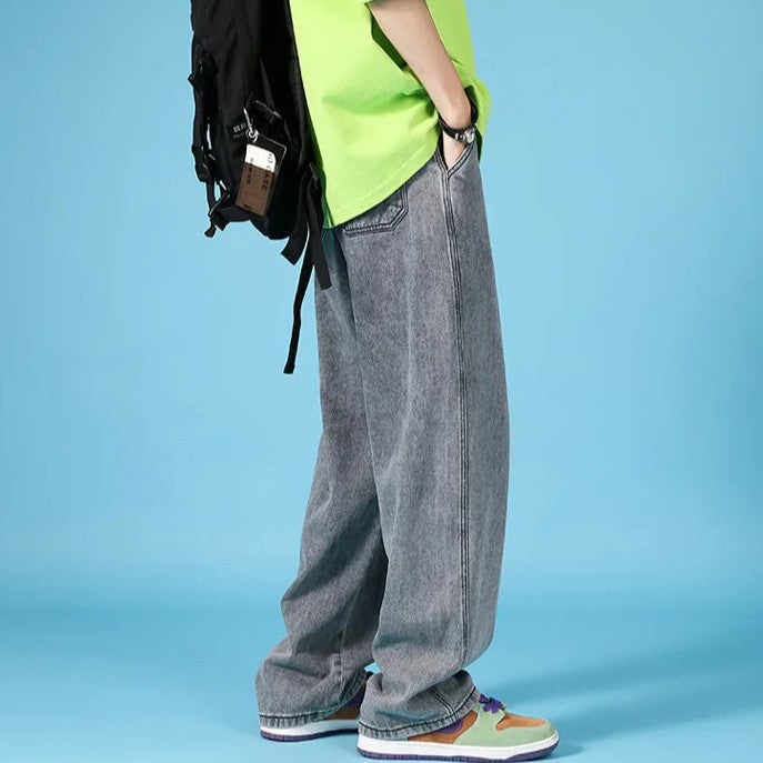 Herrejeans i denim med lige ben, loose fit, hiphop-stil cargo med lynlås