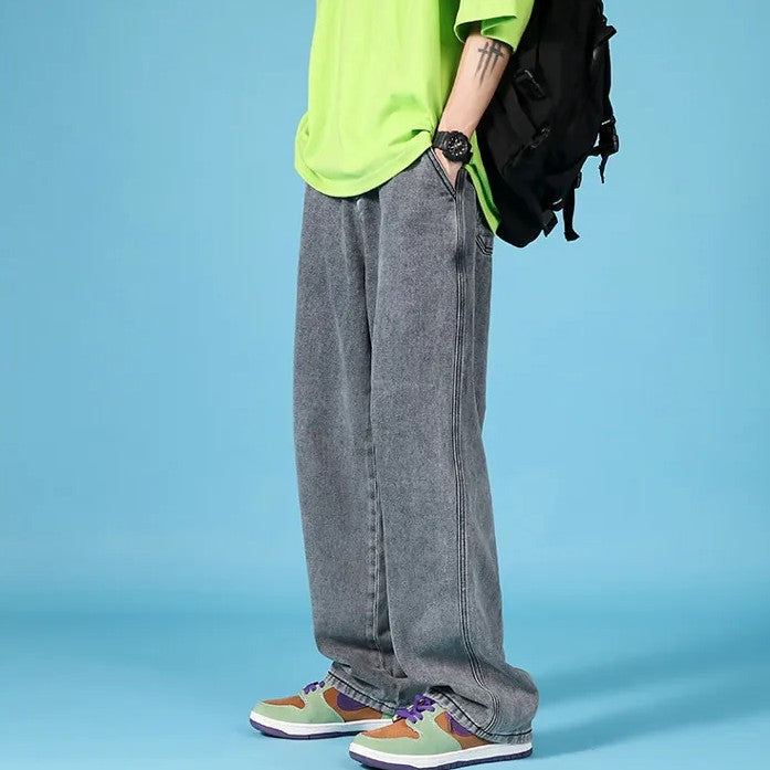 Herrejeans i denim med lige ben, loose fit, hiphop-stil cargo med lynlås