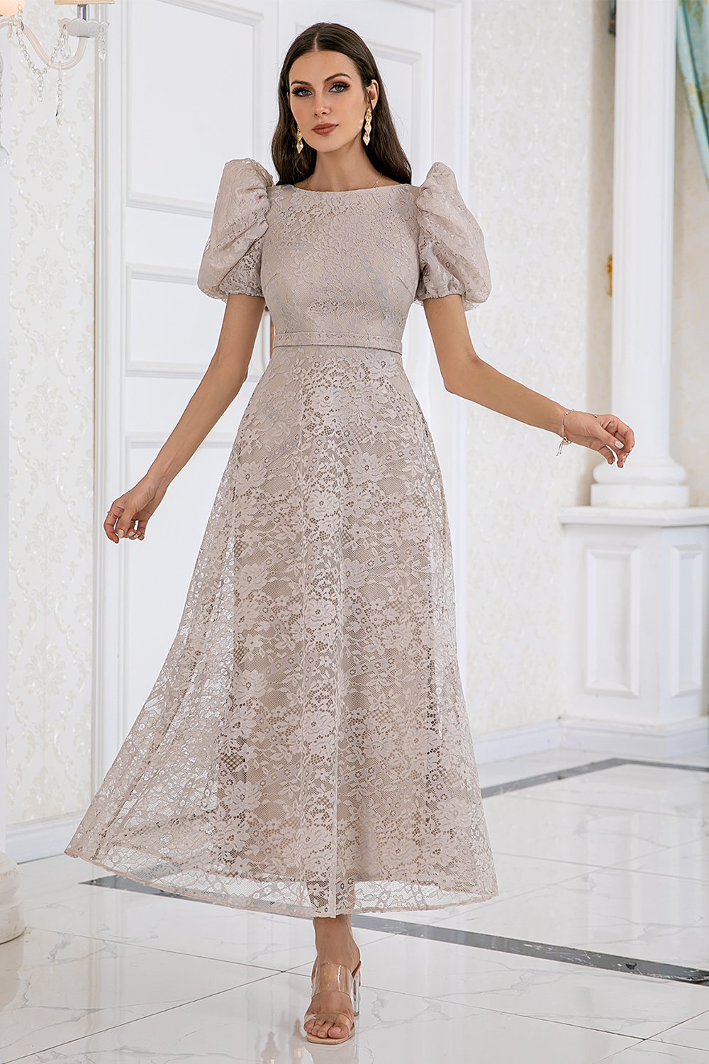 Abito Estivo Donna Matrimonio con Maniche in Pizzo Color Champagne