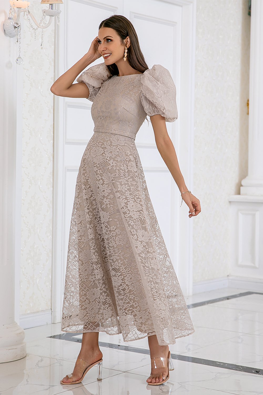 Abito Estivo Donna Matrimonio con Maniche in Pizzo Color Champagne