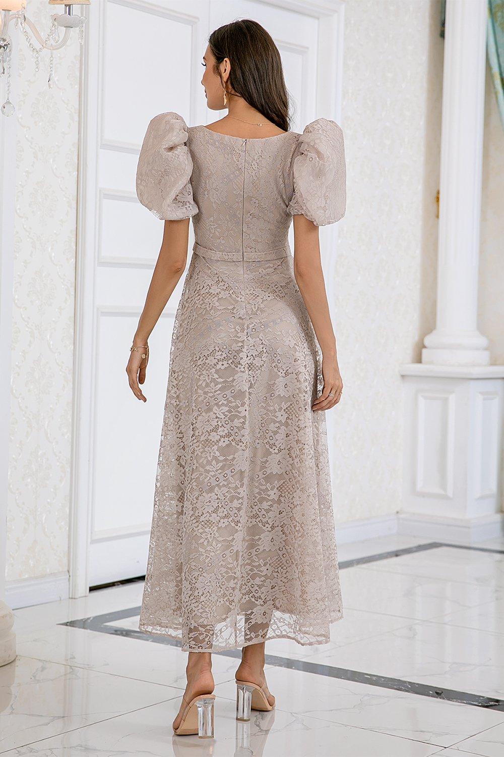 Abito Estivo Donna Matrimonio con Maniche in Pizzo Color Champagne