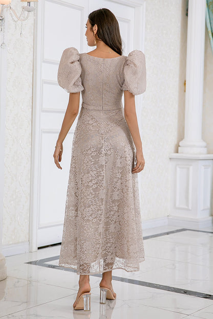 Abito Estivo Donna Matrimonio con Maniche in Pizzo Color Champagne