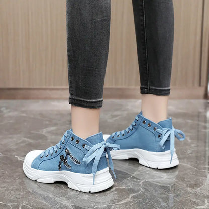 Women's Sneakers with Platform, Raised Sole, Front Lacing, and Side Zip