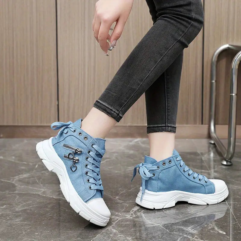 Women's Sneakers with Platform, Raised Sole, Front Lacing, and Side Zip