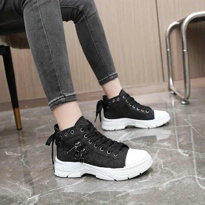 Women's Sneakers with Platform, Raised Sole, Front Lacing, and Side Zip